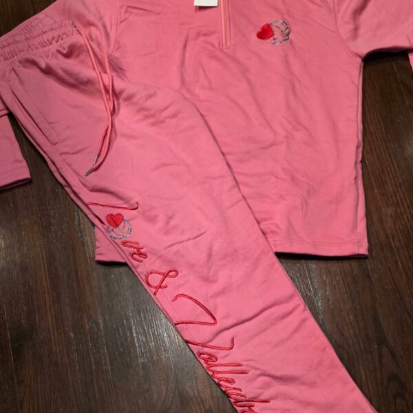 PINK HALF ZIP TAPERED LOVE&VOLLEYBALL SWEATSUIT (EMBROIDERED)