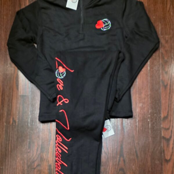 BLACK HALF ZIP TAPERED LOVE&VOLLEYBALL SWEATSUIT (EMBROIDERED)