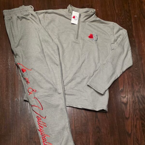GREY HALF ZIP TAPERED LOVE&VOLLEYBALL SWEATSUIT (EMBROIDERED)